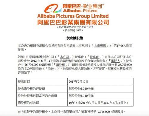 阿里影业授出2670万份股权 每股1.31港元