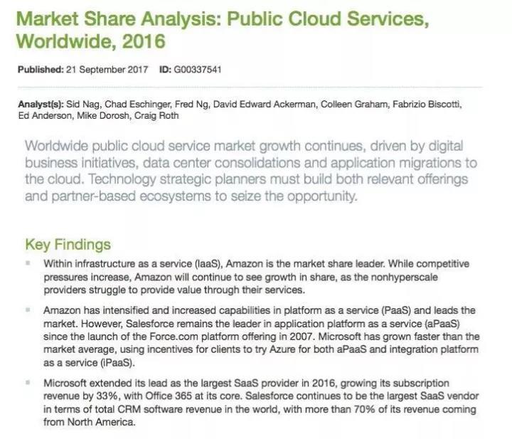 Gartner全球IAAS市场报告：阿里云进入全球前三