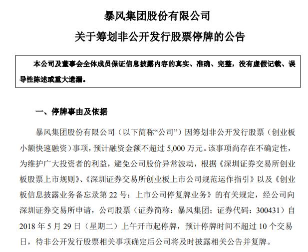 暴风集团今日起停牌,拟融资不超过5000万元