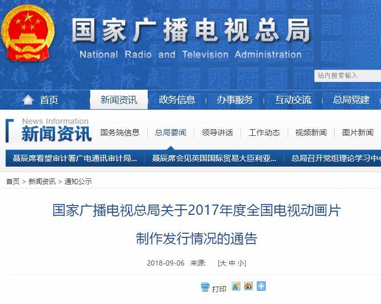 广电总局关于2017年度全国电视动画片制作发行情况的通告