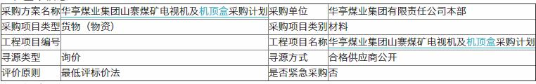 华亭煤业集团山寨煤矿电视机及机顶盒采购计划询价公告